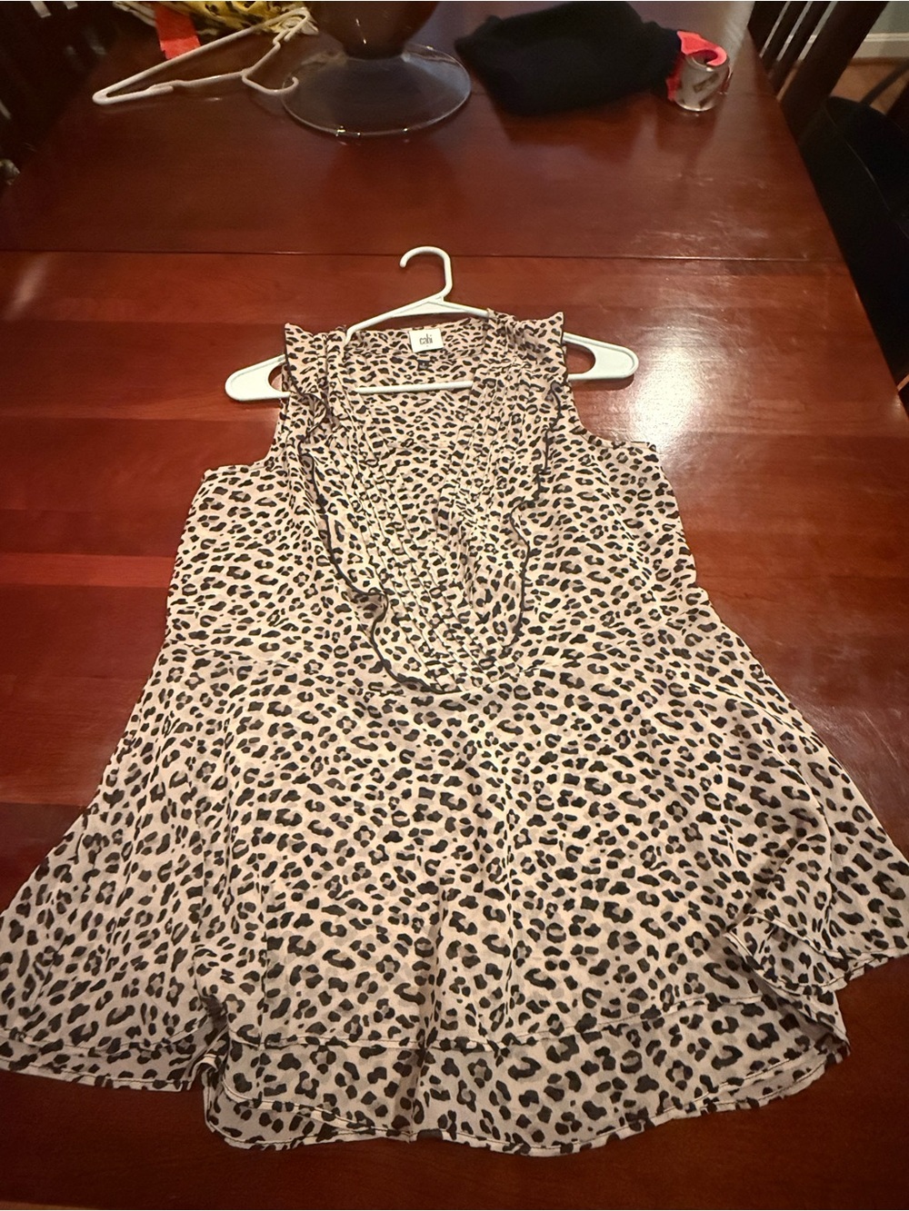 CAbi Flutter Blouse Cheetah Print Ruffled Sleeveless Top - Tan/Black